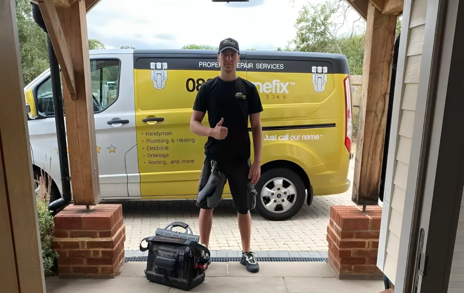 0800 Homefix Plumbing & Heating Engineer Standing outside of house with work tools