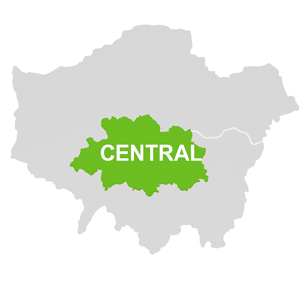 A map of London showing Central London boiler servicing coverage area