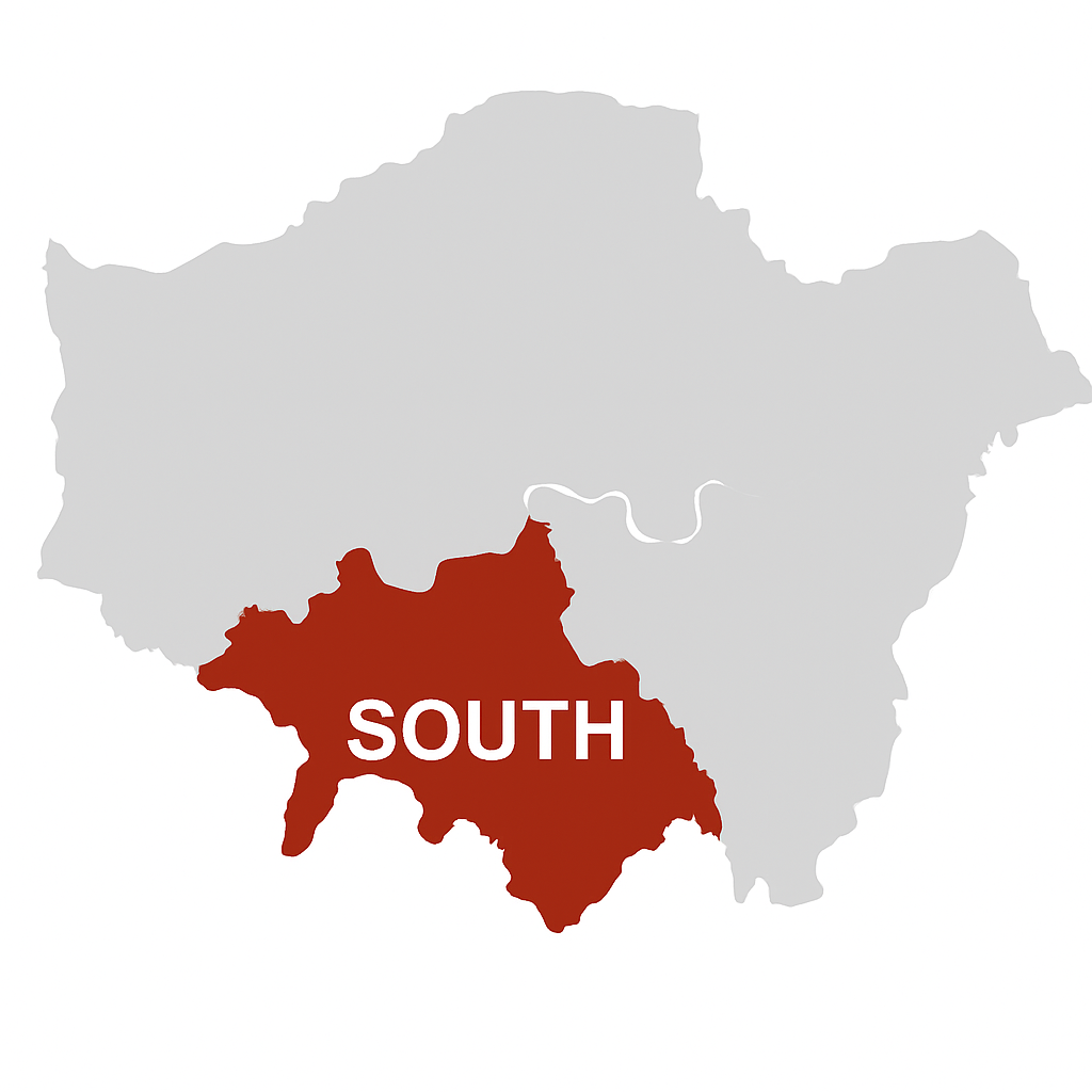 A Map of London showing South London boiler servicing coverage area