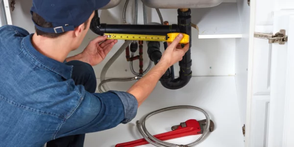 plumber working under sink with tape measure